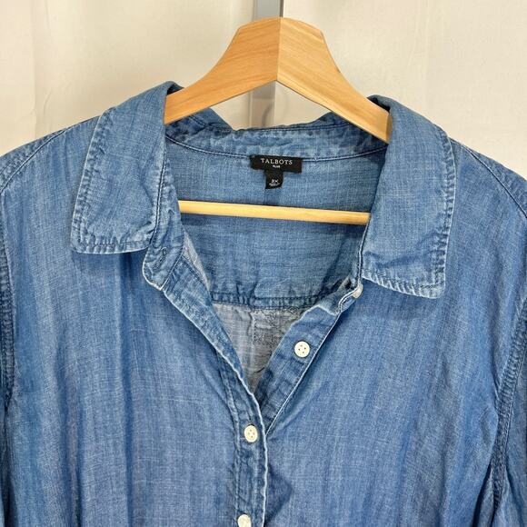 TALBOTS Popover Tunic Top Long Sleeve Collar Henley Tencel Chambray Blue 2X Plus - Picture 3 of 8